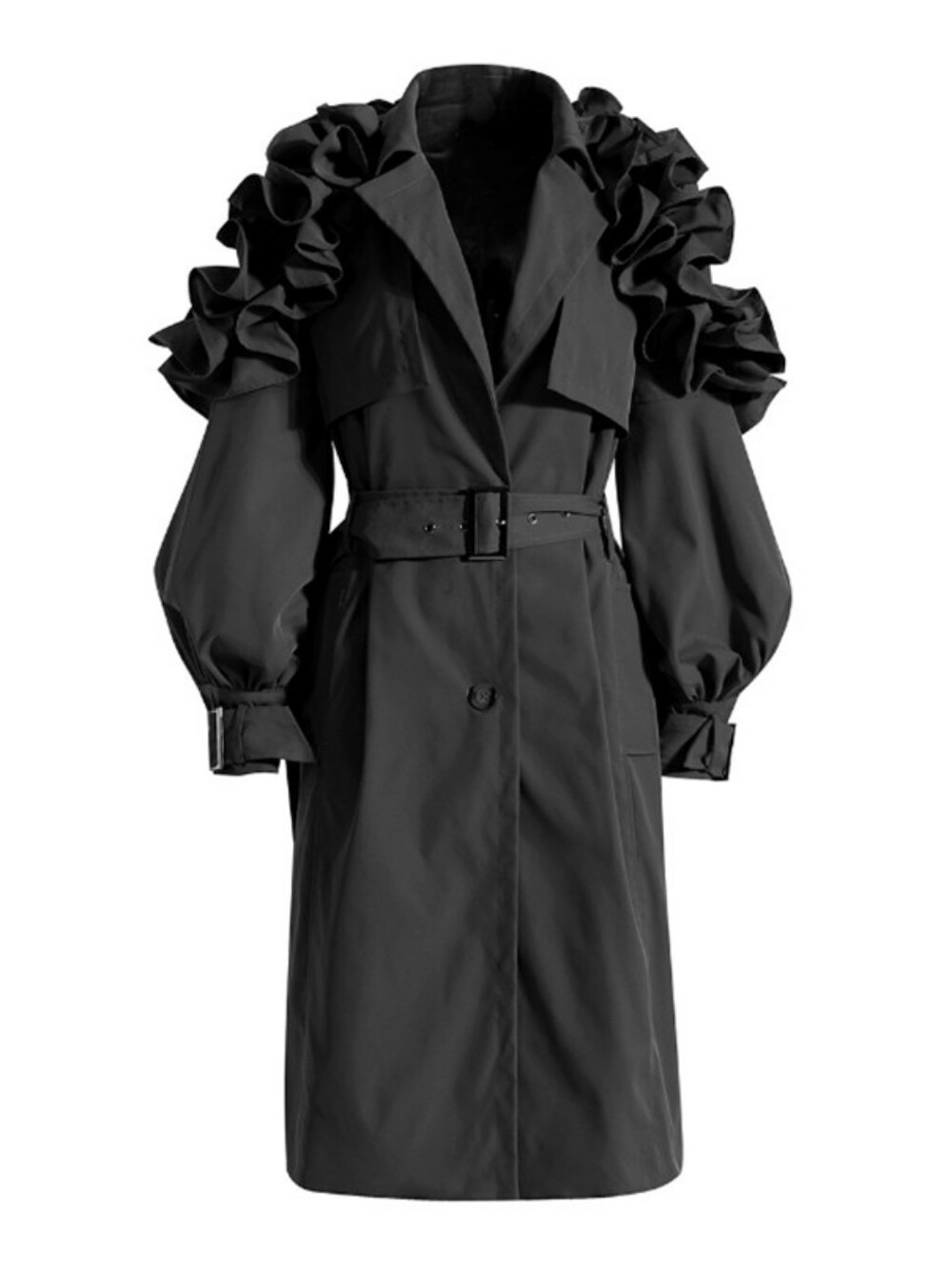 SALE! Black Ruffle-Sleeve Trench Coat